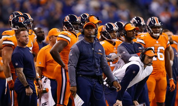 INDIANAPOLIS, IN - DECEMBER 14:  Head coach Vance Joseph of the Denver Broncos looks on against the...