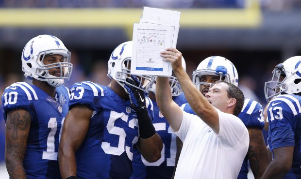 Indianapolis Colts special teams coach Tom McMahon holds up a play chart as players gather around d...