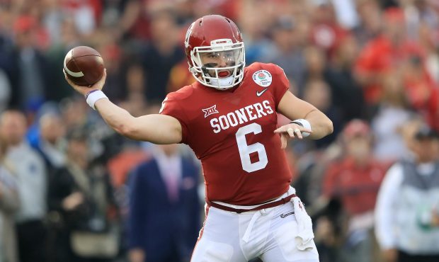 Baker Mayfield #6 of the Oklahoma Sooners throws a pass during the 2018 College Football Playoff Se...