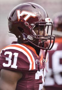 Cornerback Brandon Facyson #31 of the Virginia Tech Hokies looks on prior to the game against the Duke Blue Devils at Lane Stadium on October 24, 2015 in Blacksburg, Virginia. Duke defeated Virginia Tech 45-43 in quadruple overtime. (Photo by Michael Shroyer/Getty Images)
