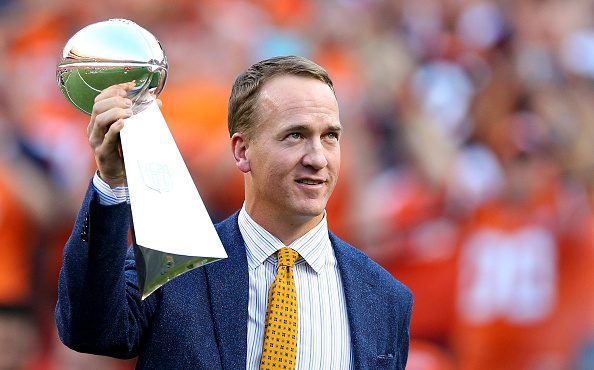 Peyton Manning holds the Lombardi Trophy to celebrate the Denver Broncos in win Super Bowl 50 at Sp...