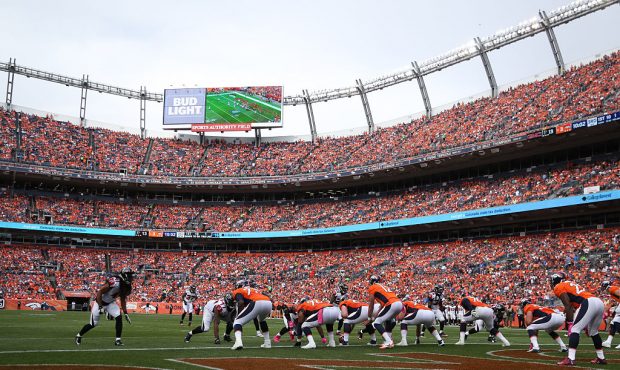 A general view of the field as the Denver Broncos offense drives against the Atlanta Falcons defens...