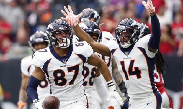 HOUSTON, TEXAS - DECEMBER 08: Noah Fant #87 of the Denver Broncos celebrates his touchdown in the f...