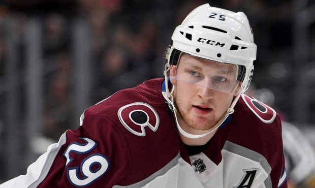 LAS VEGAS, NV - SEPTEMBER 28: Nathan MacKinnon #29 of the Colorado Avalanche stands on the ice duri...