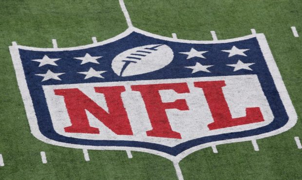 A detail of the official National Football League NFL logo is seen painted on the turf as the New Y...