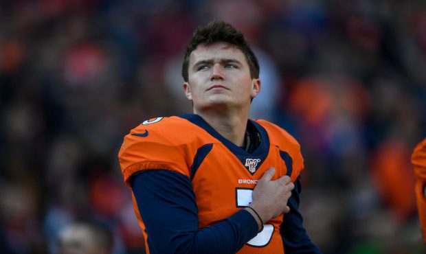 DENVER, CO - DECEMBER 29: Drew Lock #3 of the Denver Broncos stands on the field during the perform...