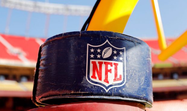 A detail view of the NATIONAL FOOTBALL LEAGUE logo on the goal post stanchion before the AFC Champi...