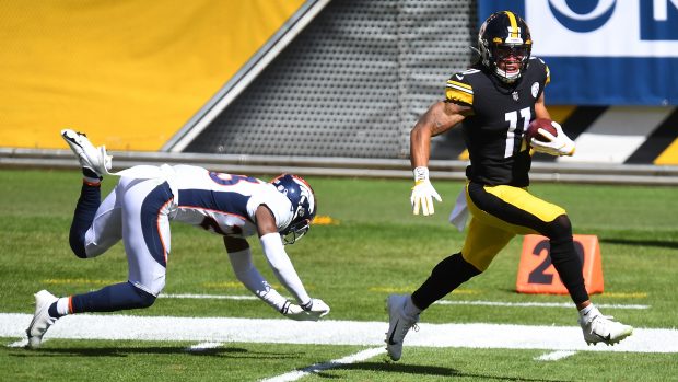 Chase Claypool #11 of the Pittsburgh Steelers gets past Michael Ojemudia #23 of the Denver Broncos to scores an 84 yard touchdown during the second quarter at Heinz Field on September 20, 2020 in Pittsburgh, Pennsylvania. (Photo by Joe Sargent/Getty Images)