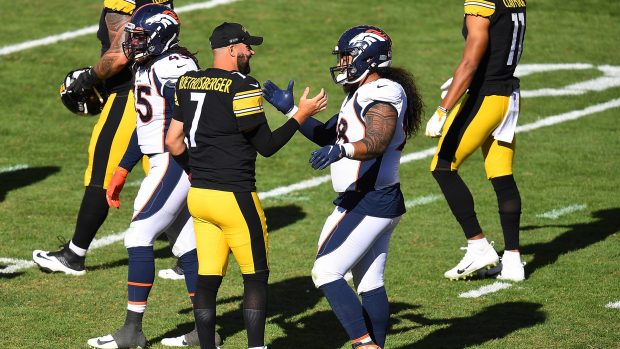 PITTSBURGH, PA - SEPTEMBER 20: Ben Roethlisberger #7 of the Pittsburgh Steelers is congratulated by Mike Purcell #98 of the Denver Broncos after Pittsburgh's 26-21 win at Heinz Field on September 20, 2020 in Pittsburgh, Pennsylvania. (Photo by Joe Sargent/Getty Images)