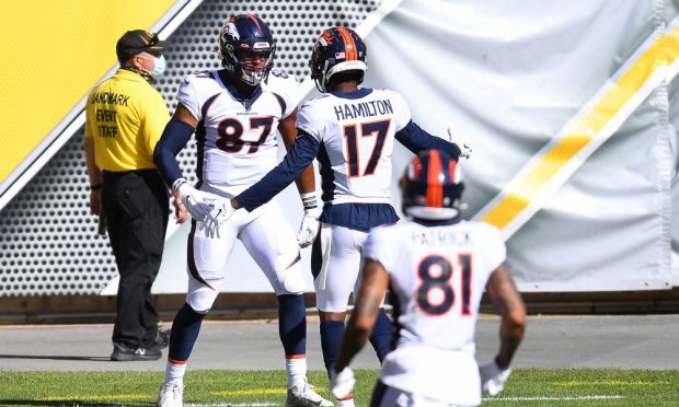 PITTSBURGH, PA - SEPTEMBER 20: Noah Fant #87 celebrates his touchdown with DaeSean Hamilton #17 of the Denver Broncos during the third quarter against the Pittsburgh Steelers at Heinz Field on September 20, 2020 in Pittsburgh, Pennsylvania. (Photo by Joe Sargent/Getty Images)