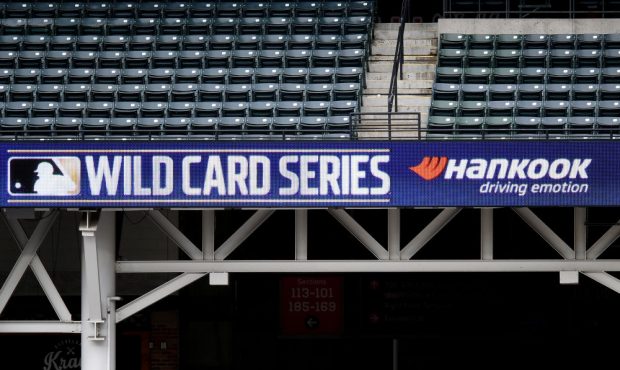 A general view of the 2020 Wild Card Series logo on the LED scoreboard during batting practice prio...