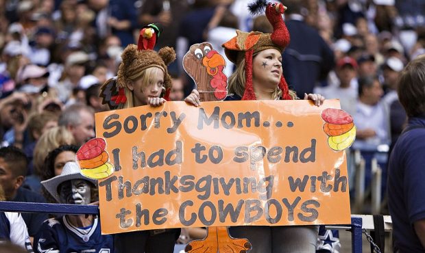 IRVING, TX - NOVEMBER 27: Fans of the Dallas Cowboys send a message home at Thanksgiving during a g...