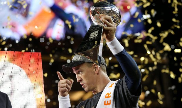 SANTA CLARA, CA - FEBRUARY 07: Peyton Manning #18 of the Denver Broncos celebrates with the Vince L...