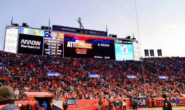 DENVER, CO - DECEMBER 1: The jumbotron indicates the night's low attendance and high number of no-s...