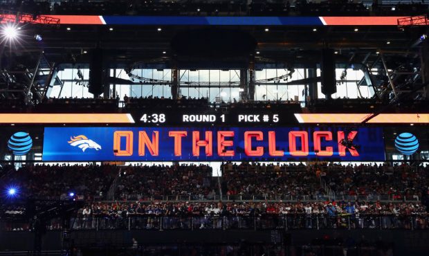 ARLINGTON, TX - APRIL 26: A video board displays the text "ON THE CLOCK" for the Denver Broncos dur...