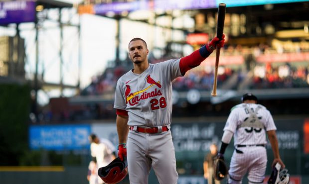 DENVER, CO - JULY 1: Nolan Arenado #28 of the St. Louis Cardinals acknowledges the crowd during his...