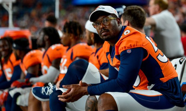 DENVER, CO - AUGUST 29: Von Miller #58 of the Denver Broncos sits on the bench during a preseason N...