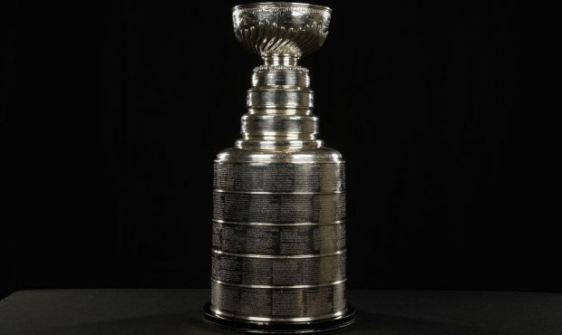 LAS VEGAS, NV - JUNE 20: A detailed view of the Stanley Cup trophy is seen positioned on a table at...