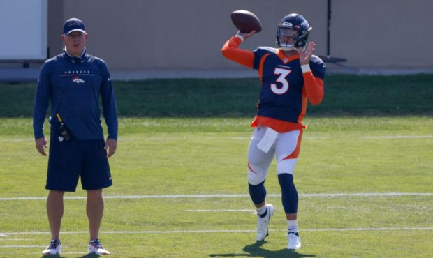 ENGLEWOOD, CO - AUGUST 18: Quarterback Drew Lock #3 of the Denver Broncos throws a pass on the fiel...