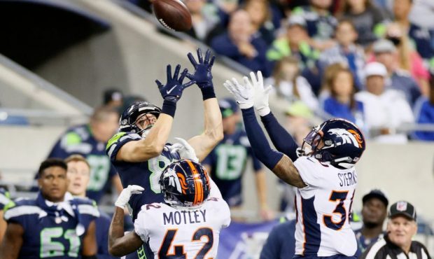 SEATTLE, WASHINGTON - AUGUST 21: Tight end Tyler Mabry #85 of the Seattle Seahawks goes up for a pa...