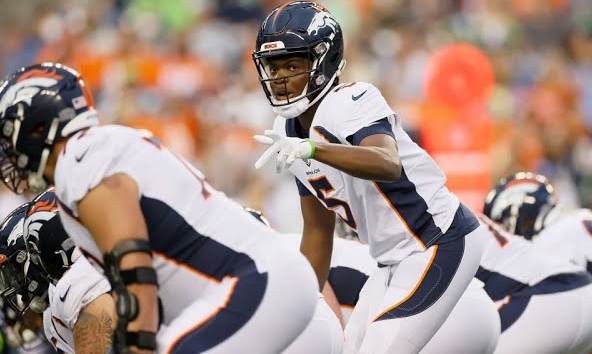 Quarterback Teddy Bridgewater #5 of the Denver Broncos in action in the first half during an NFL pr...