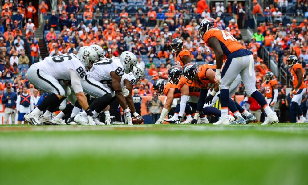 DENVER, CO - OCTOBER 1: The Oakland Raiders line up on offense behind Rodney Hudson #61 in the thir...