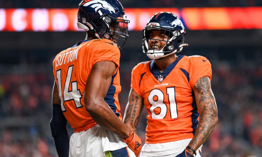DENVER, COLORADO - AUGUST 28: Courtland Sutton #14 of the Denver Broncos celebrates with Tim Patrick #81 after a second quarter touchdown against the Los Angeles Rams at Empower Field at Mile High on August 28, 2021 in Denver, Colorado. (Photo by Dustin Bradford/Getty Images)