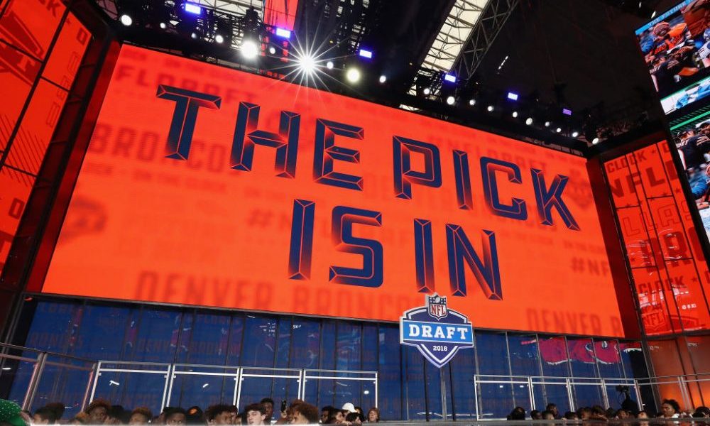ARLINGTON, TX - APRIL 26: A video board displays the text "THE PICK IS IN" for the Denver Broncos d...