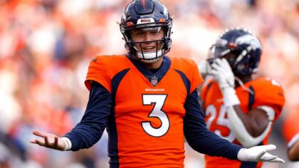 DENVER, COLORADO - NOVEMBER 28: Drew Lock #3 of the Denver Broncos reacts in the second quarter of ...
