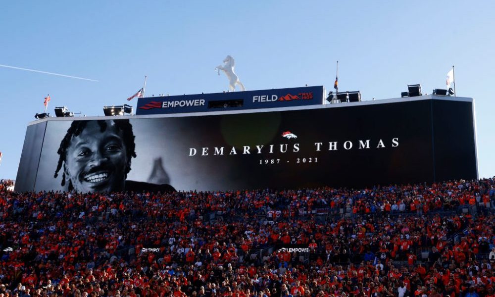 DENVER, COLORADO - DECEMBER 12: An image of the late former Denver Broncos player Demaryius Thomas ...
