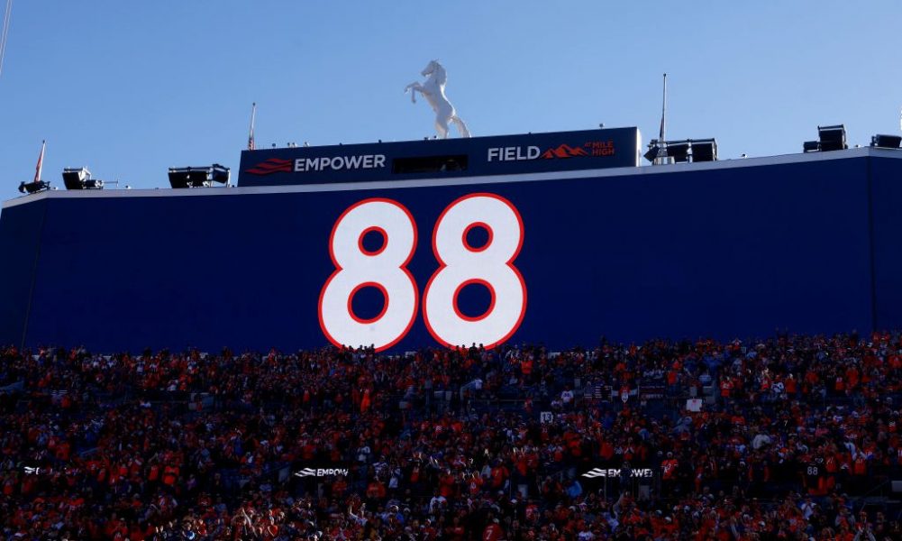 DENVER, COLORADO - DECEMBER 12: A #88 is displayed on the big screen in memory of the late former Denver Broncos player Demaryius Thomas before the game between the Detroit Lions and the Denver Broncos on December 9 at Empower Field At Mile High on December 12, 2021 in Denver, Colorado. (Photo by Justin Edmonds/Getty Images)