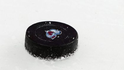 DENVER, CO - MARCH 03: A detail photo of the puck on the ice as the Pittsburgh Penguins face the Co...