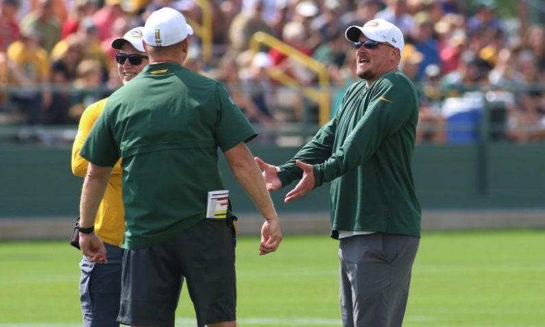 ASHWAUBENON, WI - JULY 27: Green Bay Packers offensive coordinator Nathaniel Hackett (hands extende...
