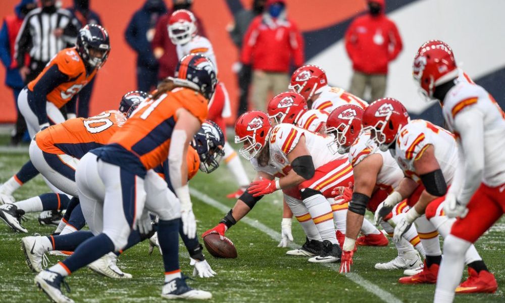 DENVER, CO - OCTOBER 25: The Kansas City Chiefs offense lines up behind Austin Reiter #62 in the fourth quarter of a game against the Denver Broncos at Empower Field at Mile High on October 25, 2020 in Denver, Colorado. (Photo by Dustin Bradford/Getty Images)