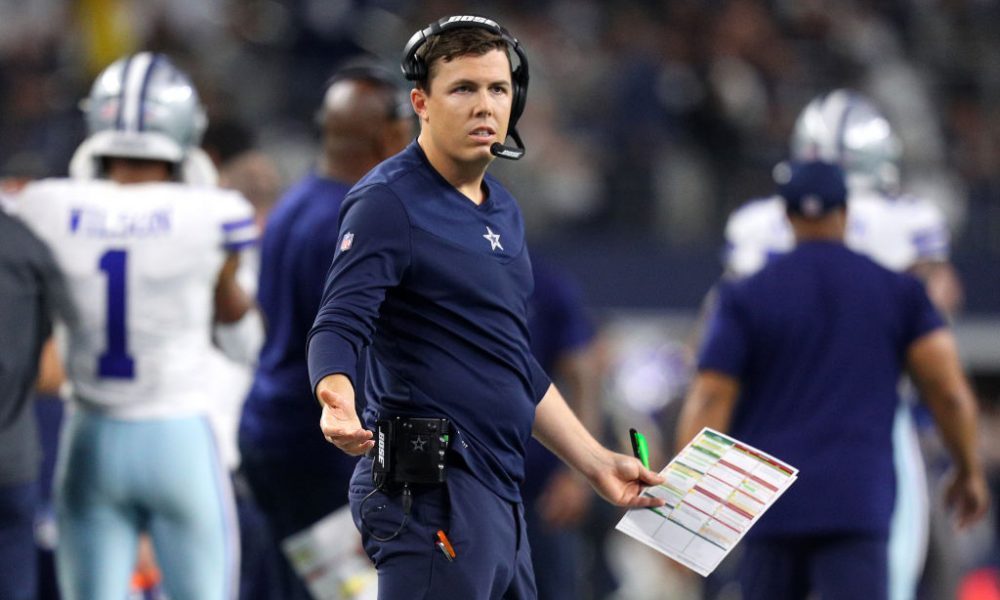 ARLINGTON, TEXAS - NOVEMBER 25: Dallas Cowboys Offensive Coordinator Kellen Moore is seen during the NFL match between Las Vegas Raiders and Dallas Cowboys at AT&T Stadium on November 25, 2021 in Arlington, Texas. (Photo by Richard Rodriguez/Getty Images)