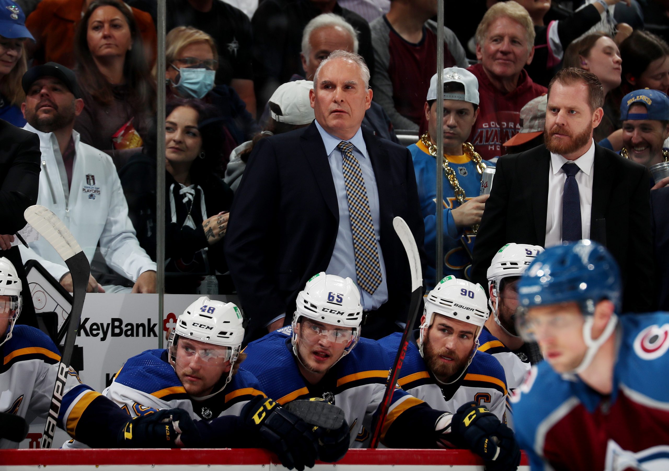 DENVER, COLORADO - MAY 19: Craig Berube, head coach of the St. Louis Blues, looks on during the fir...