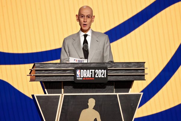 NEW YORK, NEW YORK - JULY 29: NBA commissioner Adam Silver announces a pick for the Indiana Pacers ...