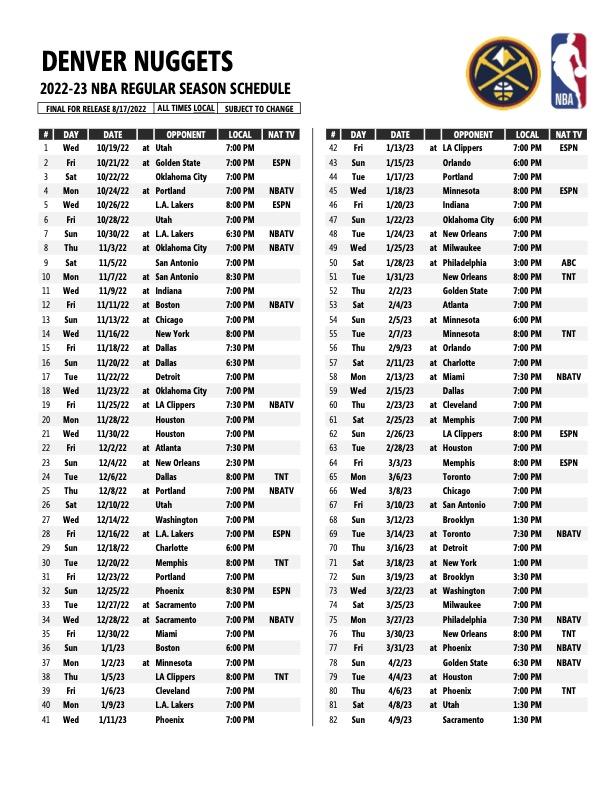 NBA releases 2022 23 schedule for the Denver Nuggets DenverFan